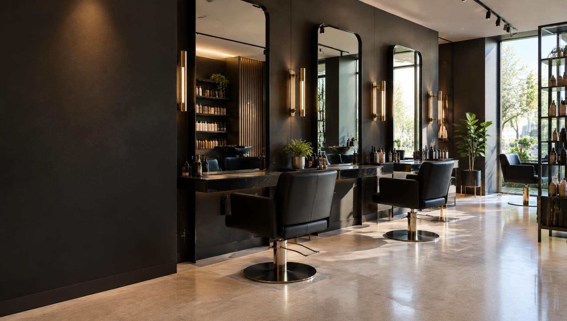 A contemporary salon with black styling chairs and warm gold details